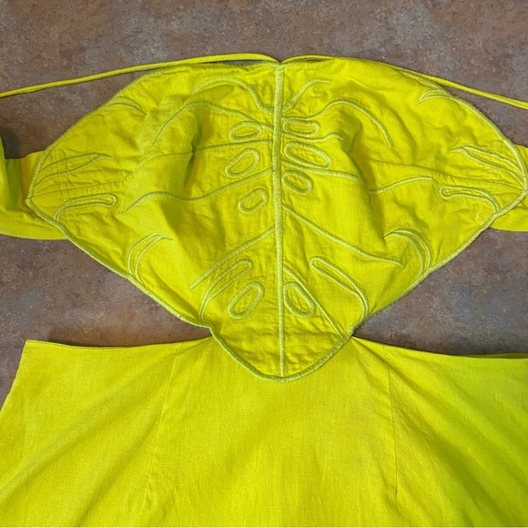 Farm Rio Monstera Midi Dress Maxi Linen Leaf Open Back Strappy Neon Highlighter - Picture 11 of 17